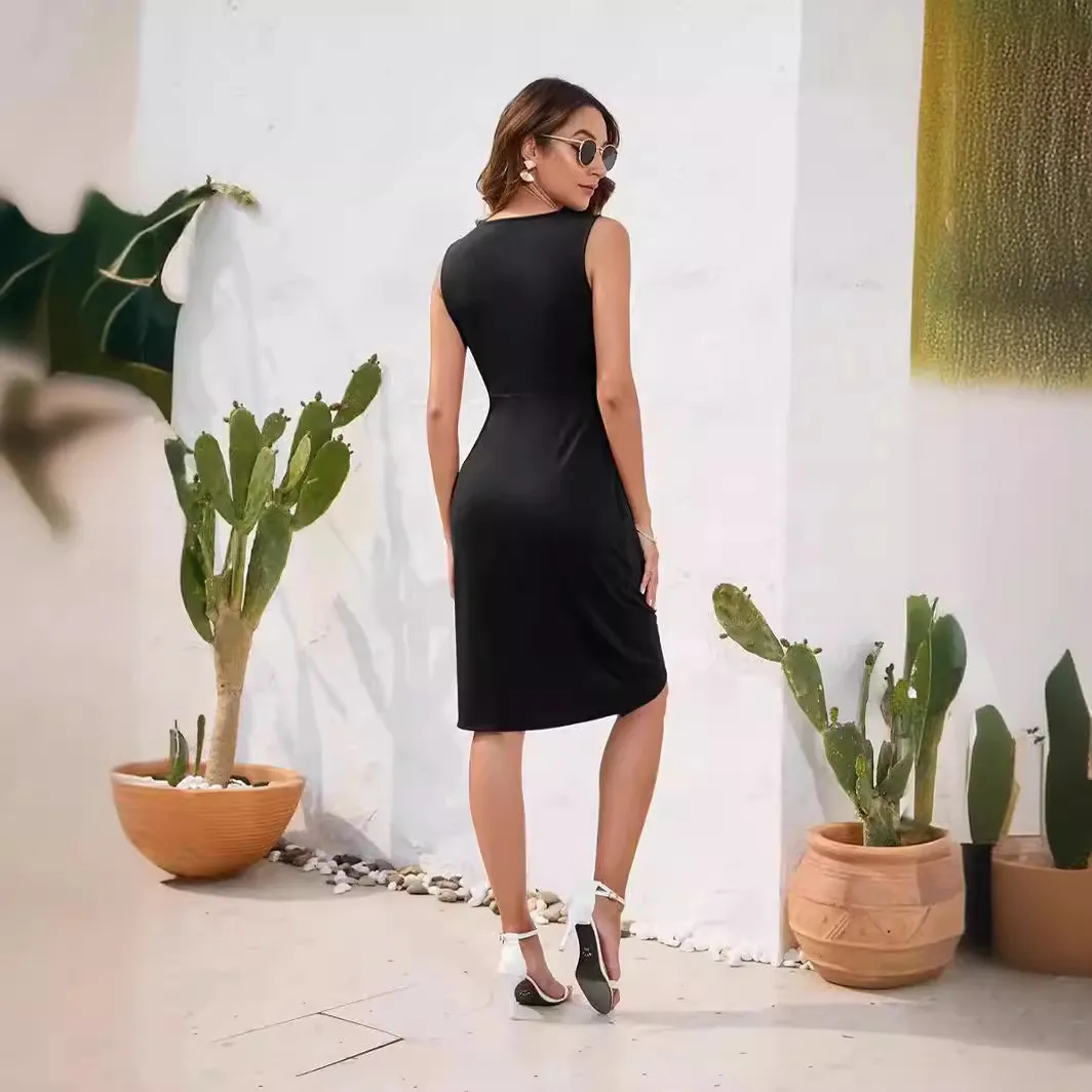 Solid color waist V-neck sleeveless party dress skirt